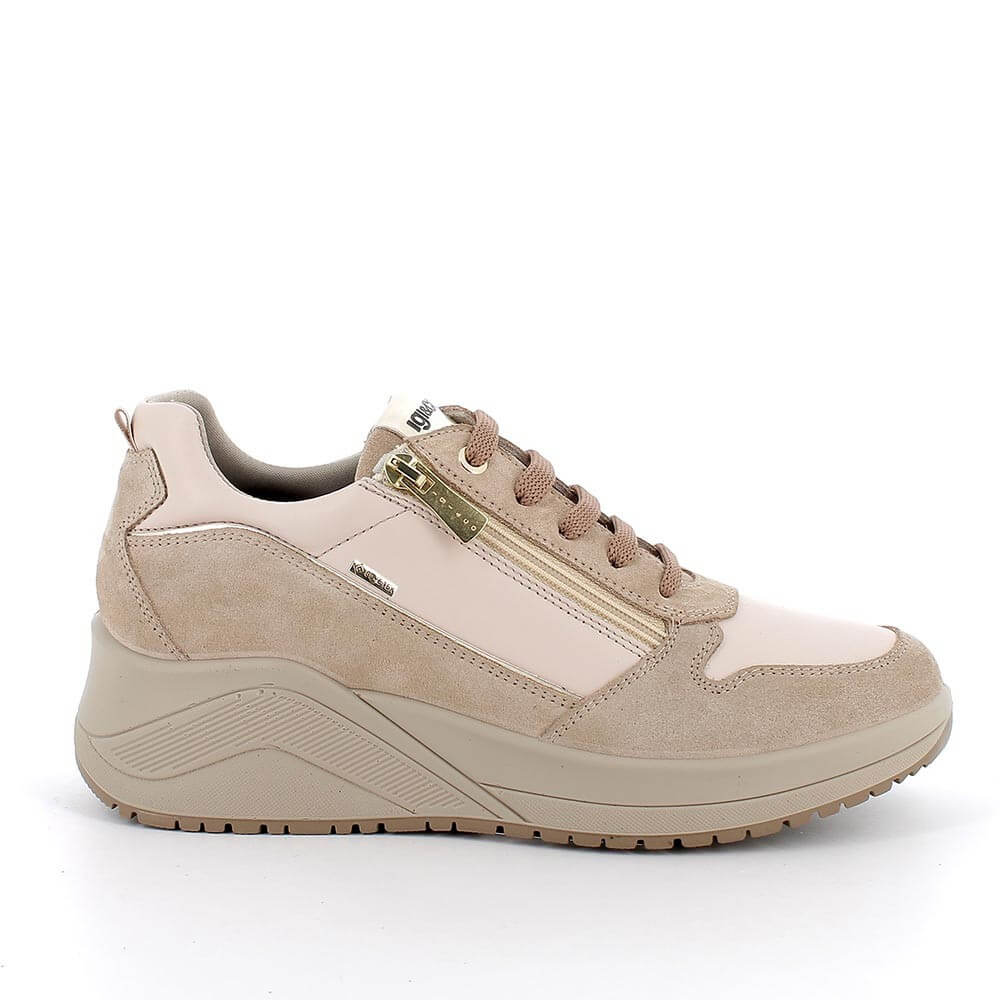 beige Leather Wedge Laced Trainer