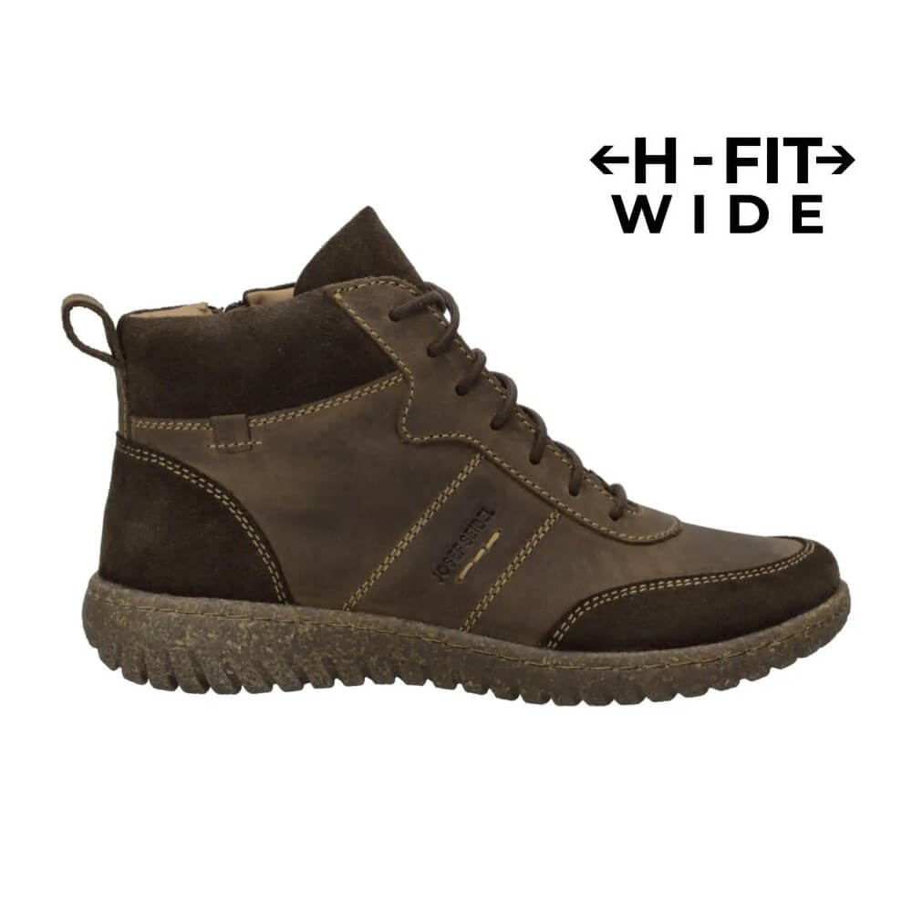 A Josef Seibel dark brown suede lace-up ankle boot with a thick textured sole, shown on a white background with the text '<H-FIT> WIDE' in the top right.