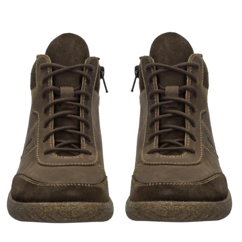 A pair of dark brown suede and leather lace-up ankle boots with side zippers, shown from the front on a plain white background.
