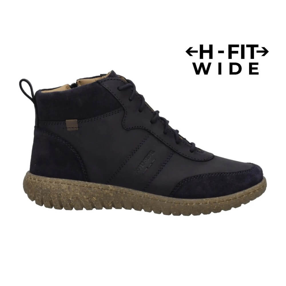 A Josef Seibel Navy wide-fit lace-up ankle boot with a textured brown sole, shown in profile against a white background with an 'H-FIT WIDE' text overlay in the top right.