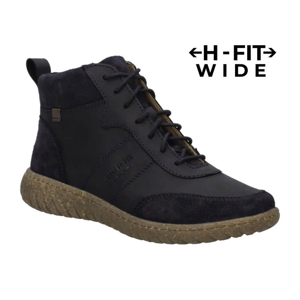 A Josef Seibel Navy wide-fit lace-up ankle boot with a textured brown sole, shown in profile against a white background with an 'H-FIT WIDE' text overlay in the top right.