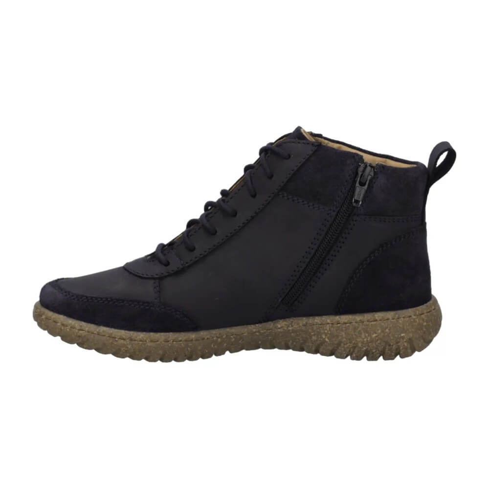 A Josef Seibel Navy wide-fit lace-up ankle boot with a side Zip and a textured brown sole, shown in profile against a white background  