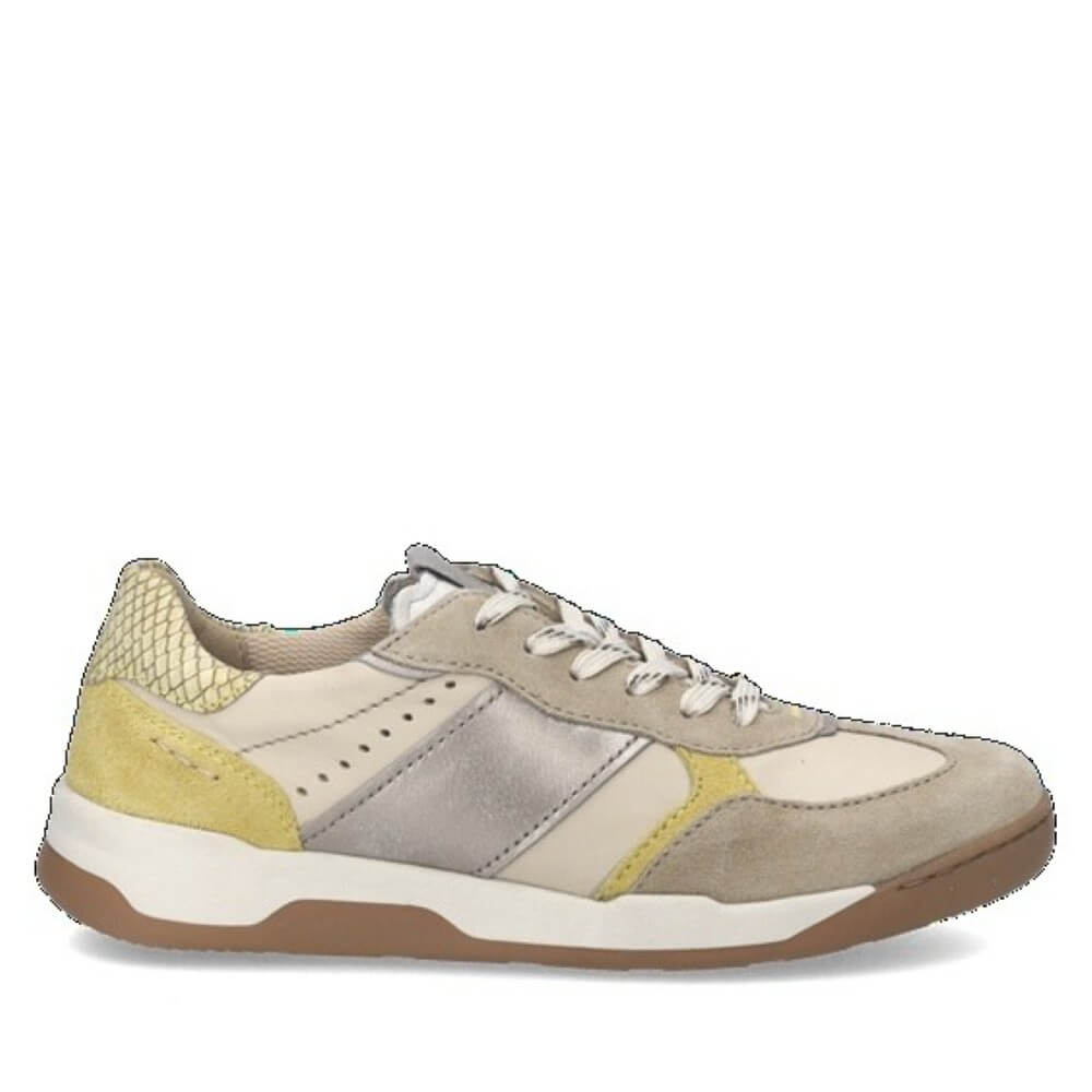 Josef Seibel Beige and brown sneaker with yellow accents on a white background