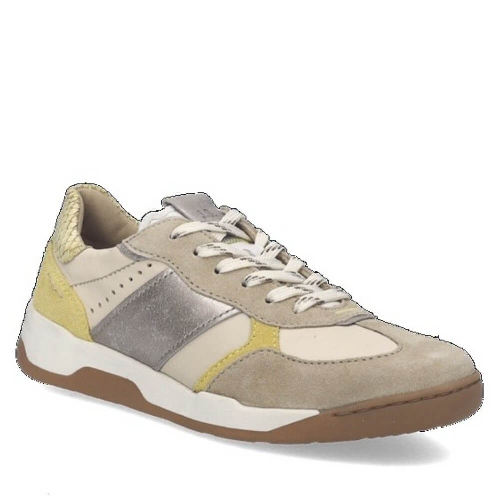 Josef Seibel Beige and brown sneaker with yellow accents on a white background
