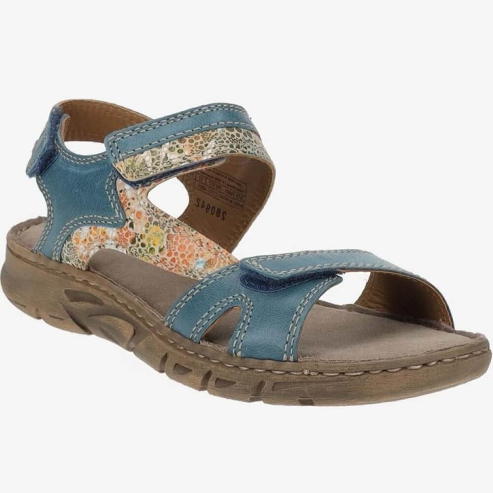 Josef Seibel Blue sandal with floral pattern on a white background