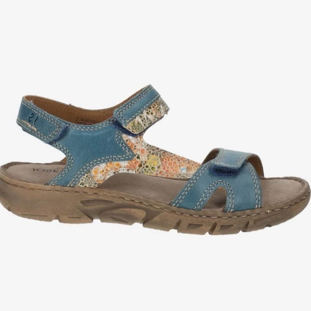 Josef Seibel Blue sandal with floral pattern on a white background