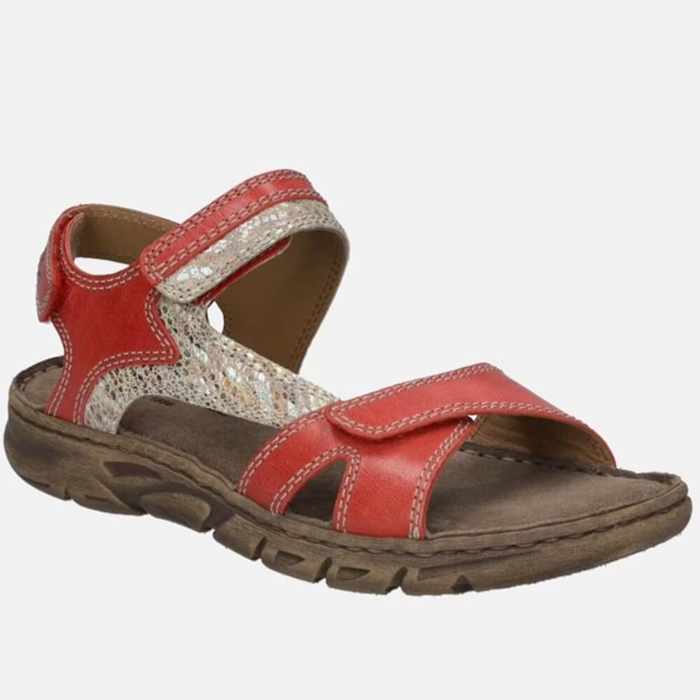 Josef Seibel Red sandal with a brown sole on a white background