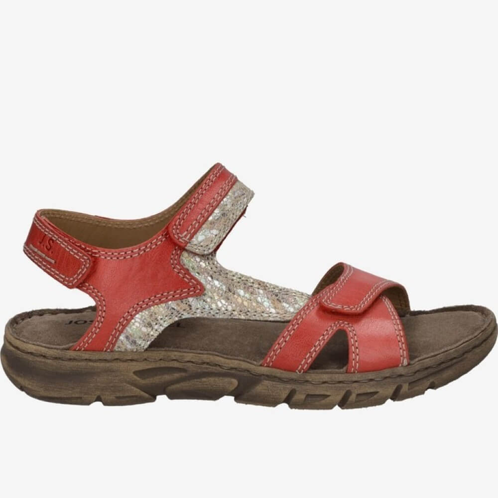 Josef Seibel Red sandal with a brown sole on a white background