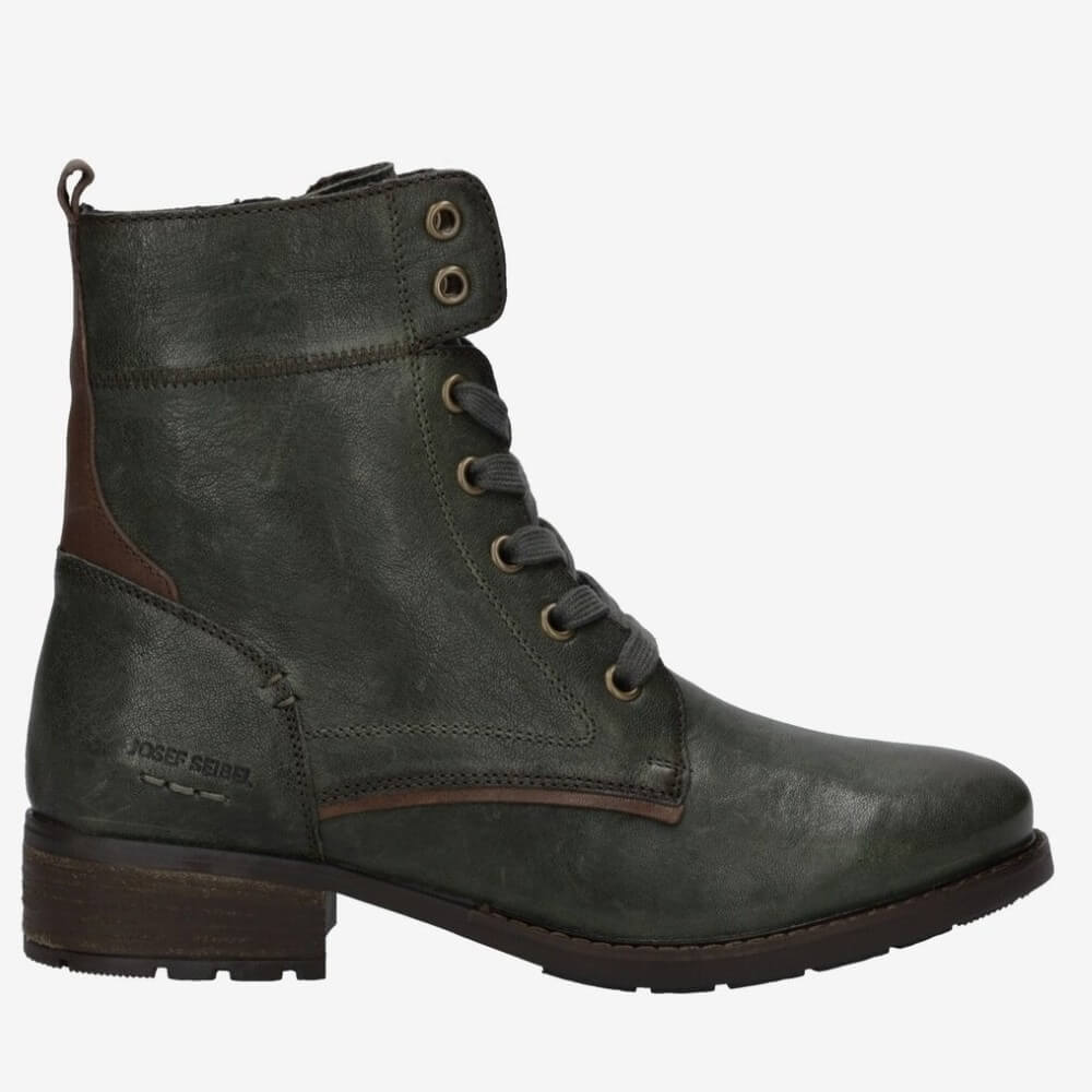 A Josef Seibel dark olive green leather lace-up ankle boot with brown leather accents, a dark brown block heel, and brass eyelets, shown from a side profile on a light grey background.