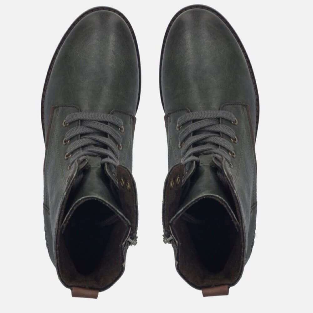 A pair of Josef Seibel dark green leather lace-up ankle boots shown from a top-down view on a light grey background.