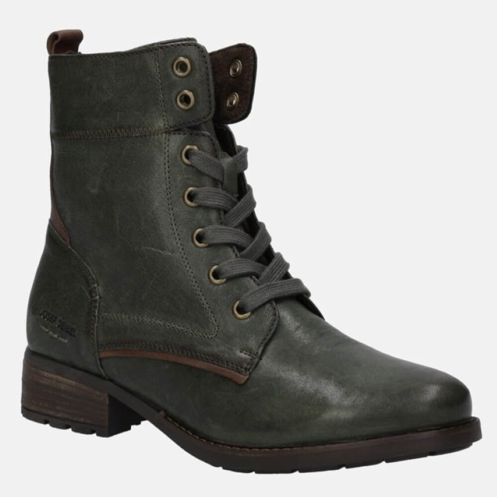 A Josef Seibel dark olive green leather lace-up ankle boot with a low block heel, shown from a three-quarters angle on a light grey background.