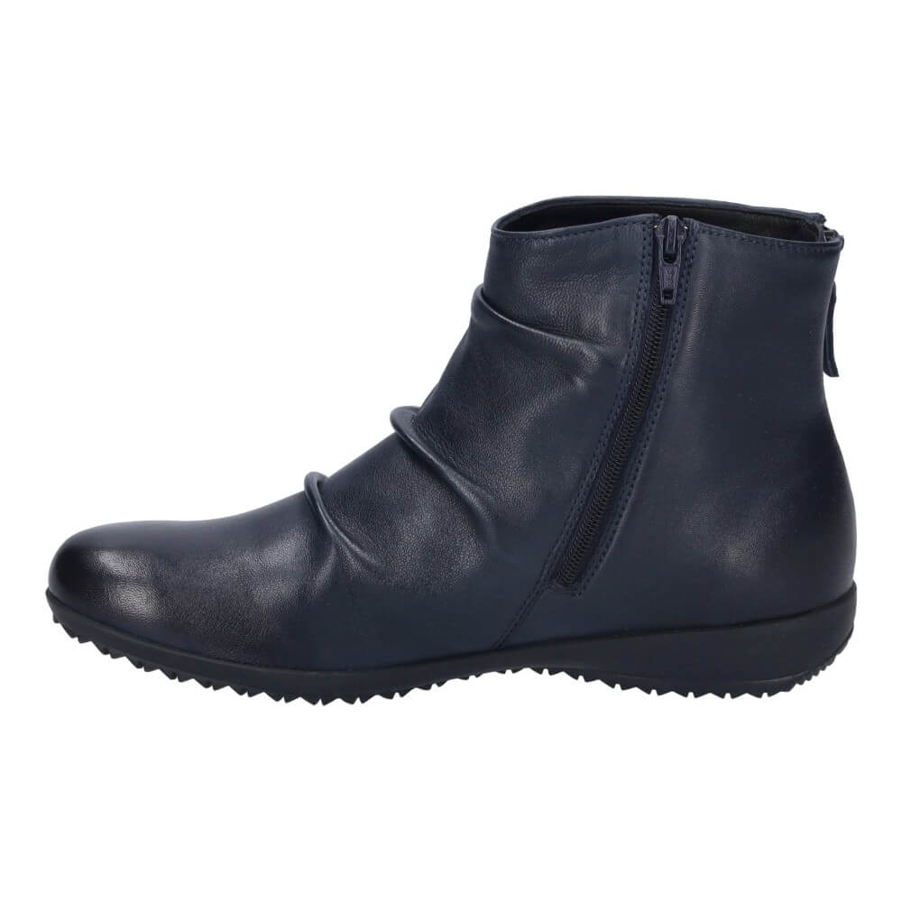 A Josef Seibel Navy leather ankle boot with a side zip and a chunky lug sole and a block heel, shown on a plain white background.