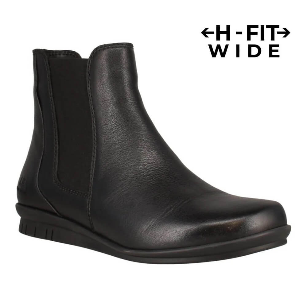 A Josef Seibel black leather ankle boot with a wide toe and elastic side gore, shown on a white background with '<H-FIT WIDE>' text in the top right.