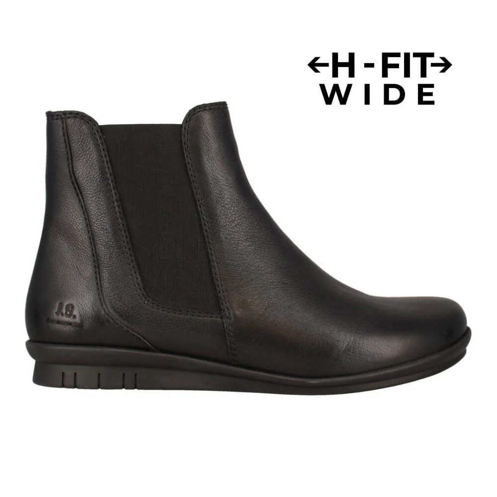 A Josef Seibel black leather ankle boot with a wide toe and elastic side gore, shown on a white background with '<H-FIT WIDE>' text in the top right.