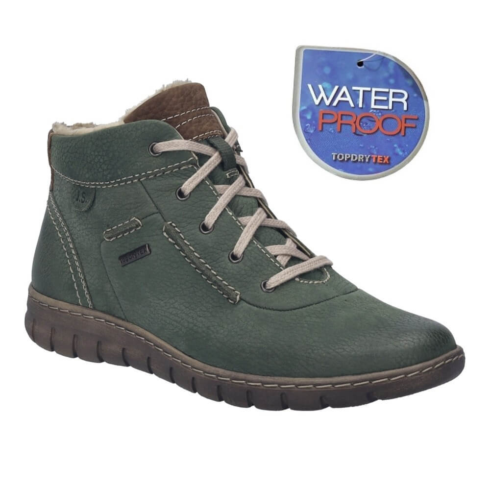 Green hiking boot with laces on a white background, featuring a waterproof label.