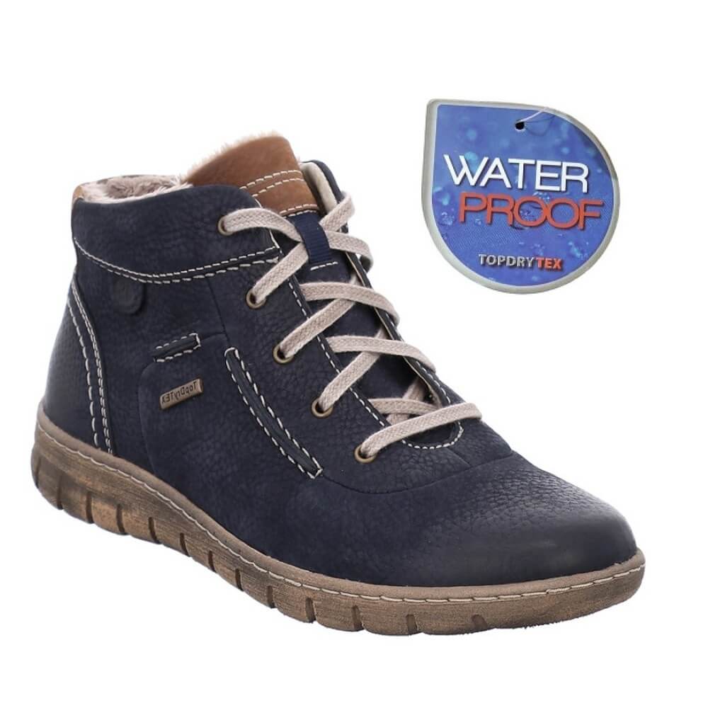 Navy blue lace-up boot with brown accents on a white background, featuring a waterproof label.