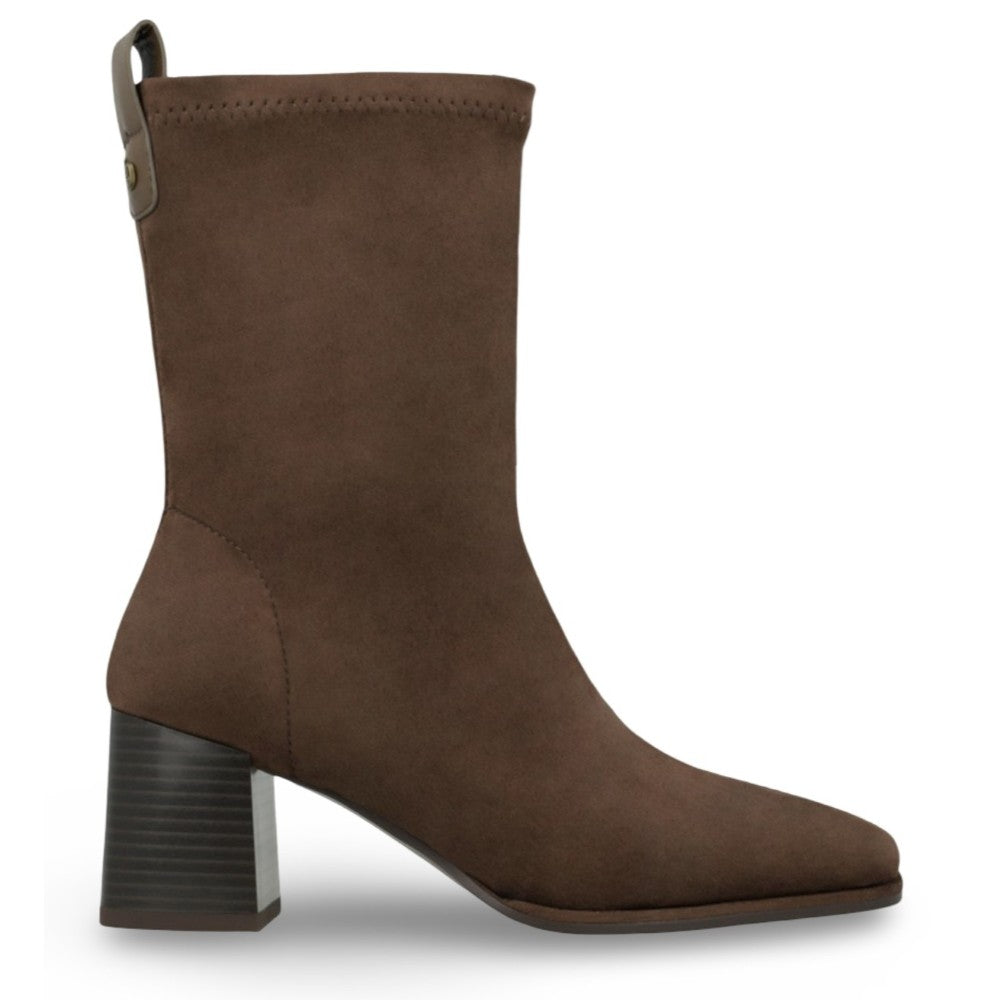 A Lodi brown suede ankle boot with a chunky block heel and a small pull tab at the back, shown from a side profile on a white background.