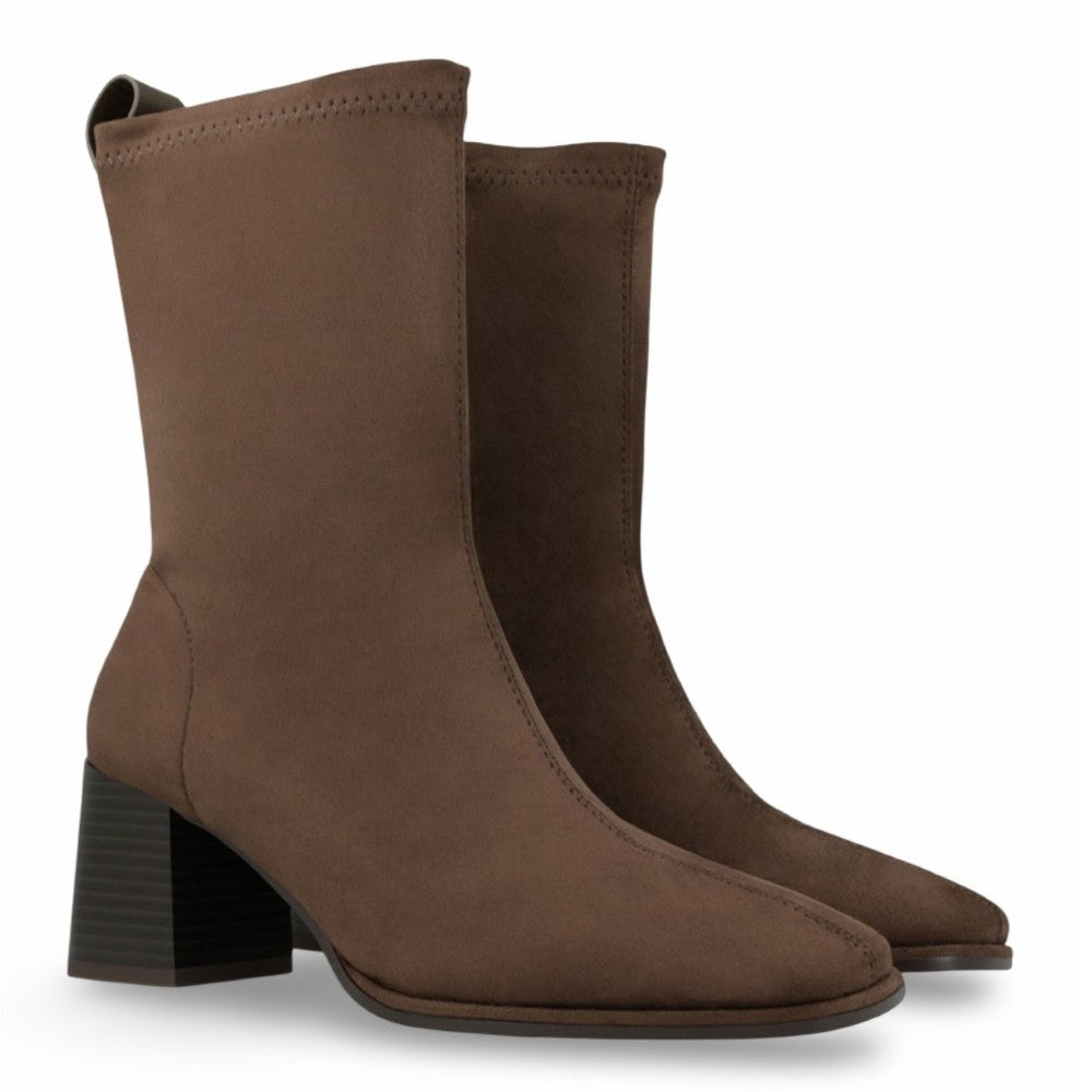 A pair of Lodi brown suede ankle boots with a chunky block heel, shown from a three-quarters angle on a white background.