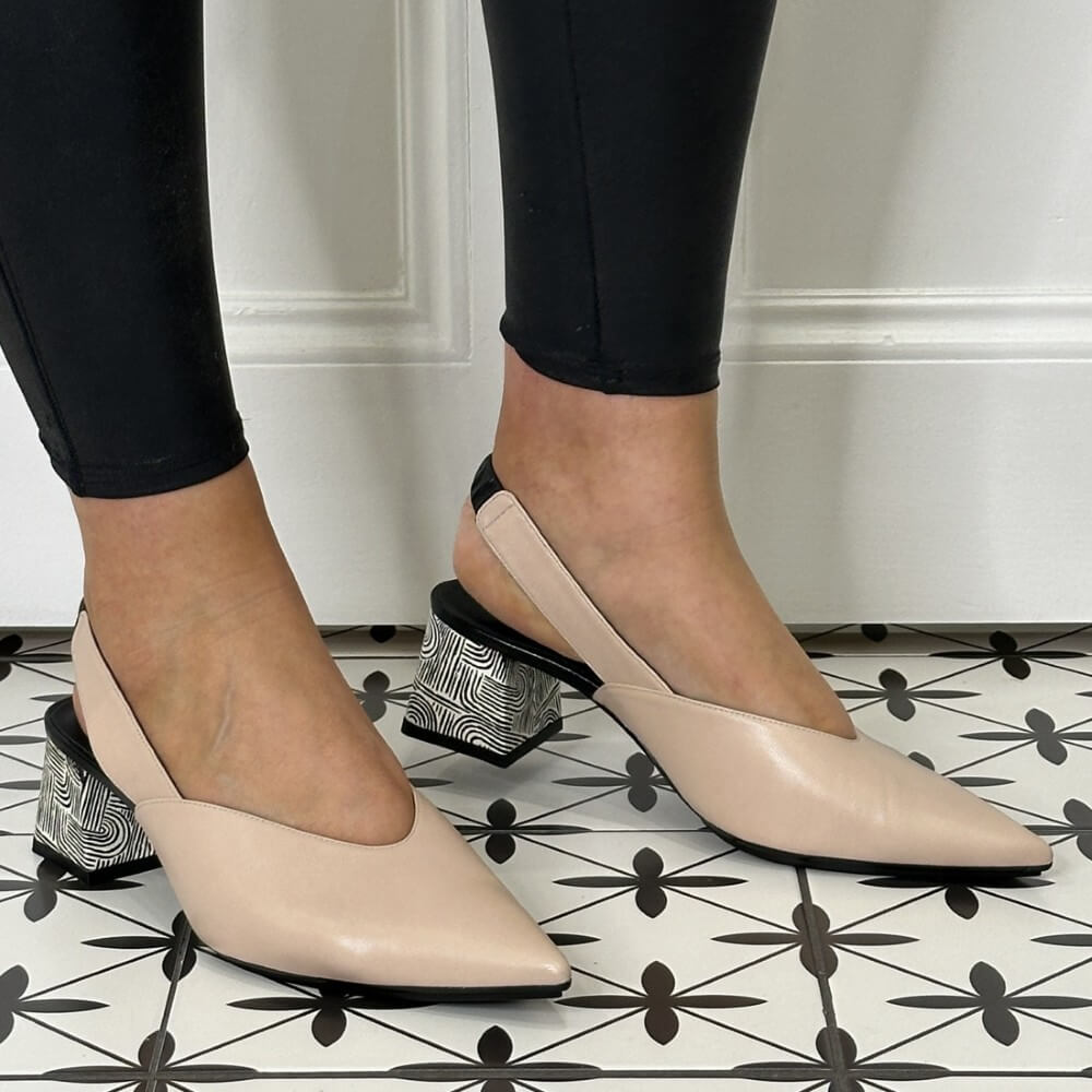 Lodi Chista slingback block heel pumps in leather. 