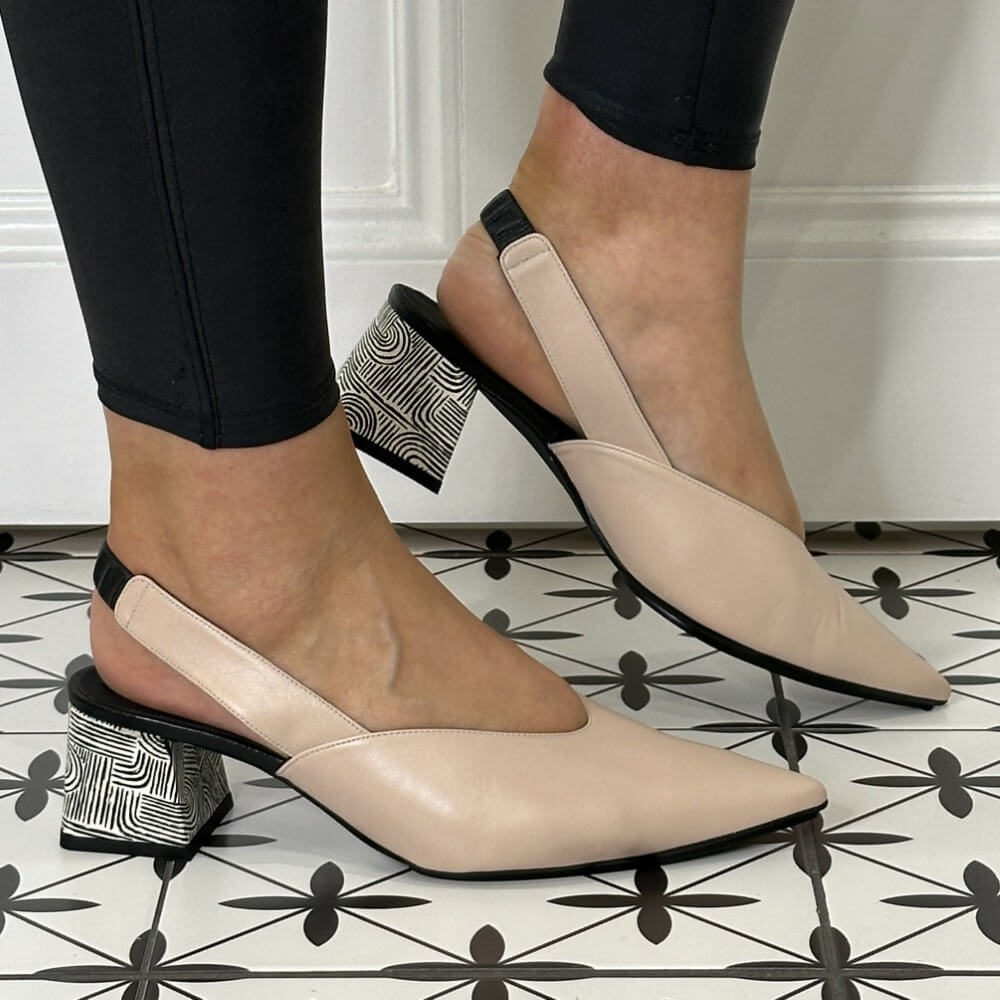 Lodi Chista slingback block heel pumps in leather. 