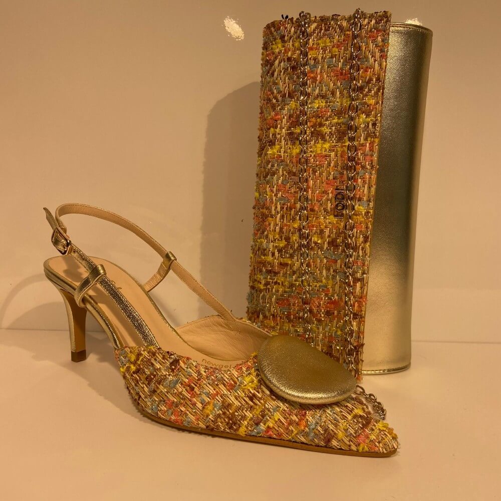 Lodi Gold And Raffia clutch bag with matching Lodi Shoe