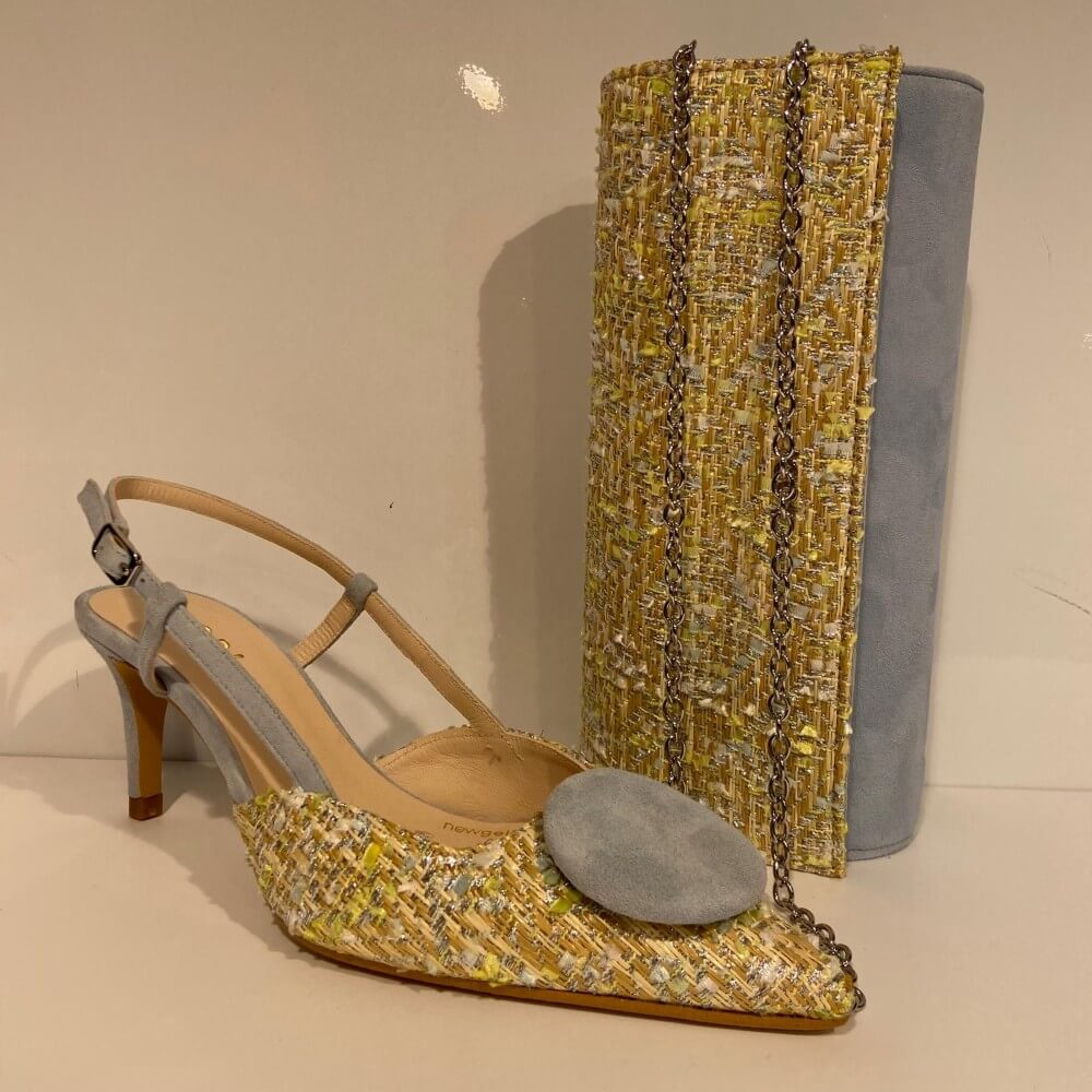 Lodi Clutch bag and shoe in blue suede and multicoloured raffia with a silver chain