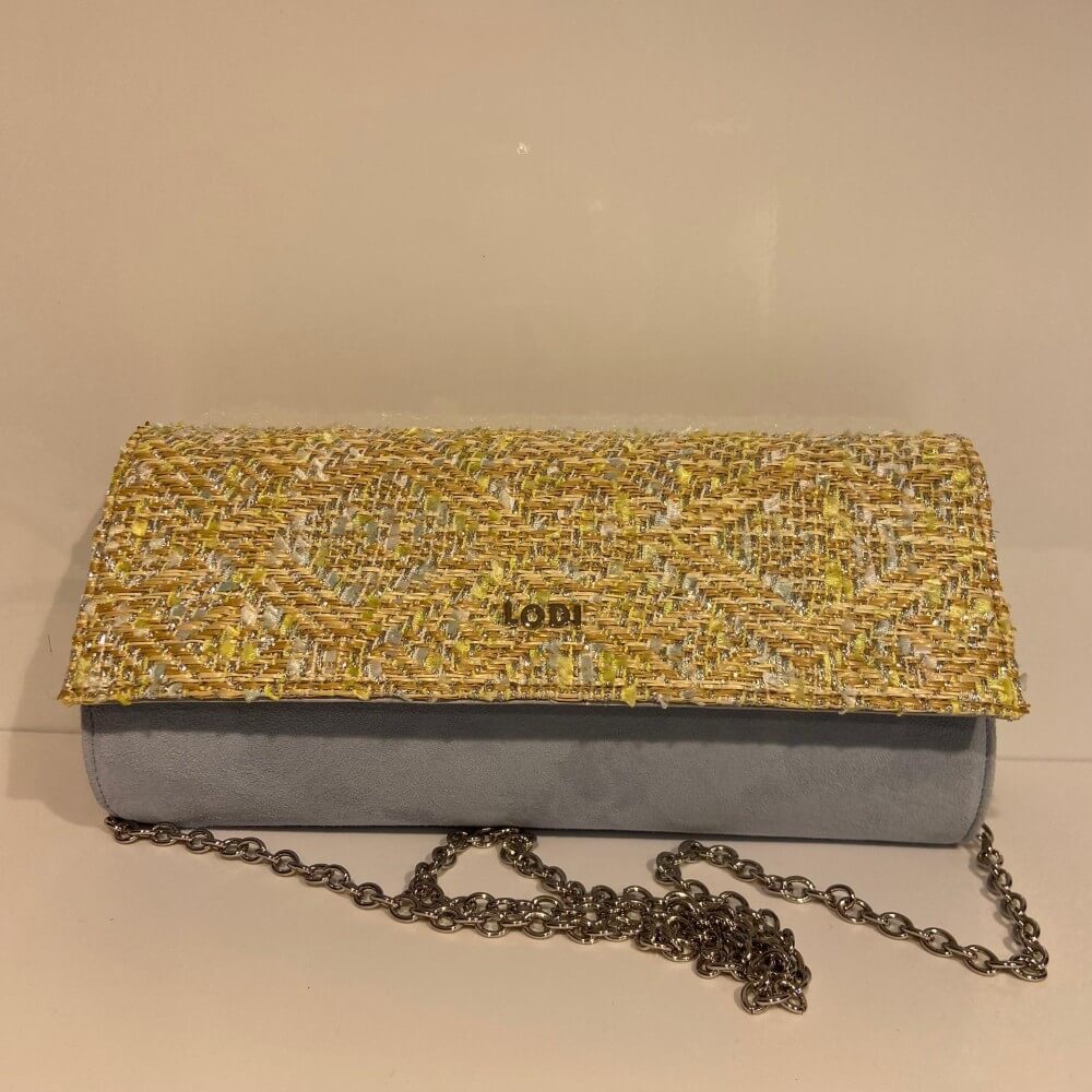 Lodi Clutch bag in blue suede and multicoloured raffia with a silver chain