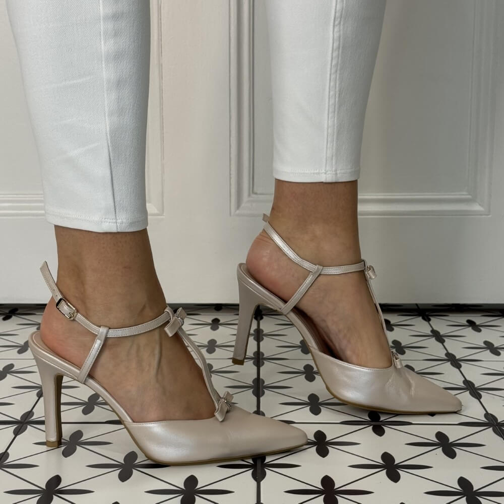 Lodi Rieju T-Bar Ankle-Strap Heel Sandals Nude Beige Leather