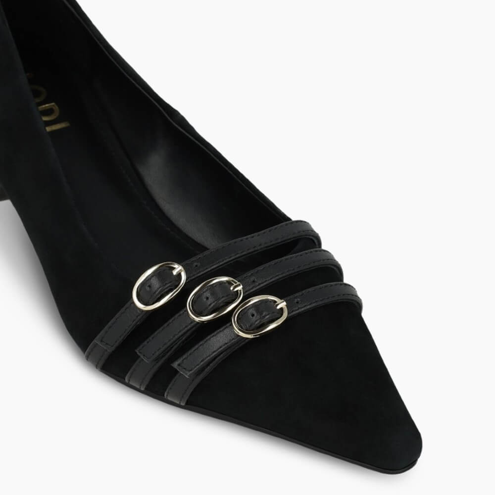 Black high-heeled shoe with decorative straps on a white background Lodi A-ROMA Black Suede Court Shoes