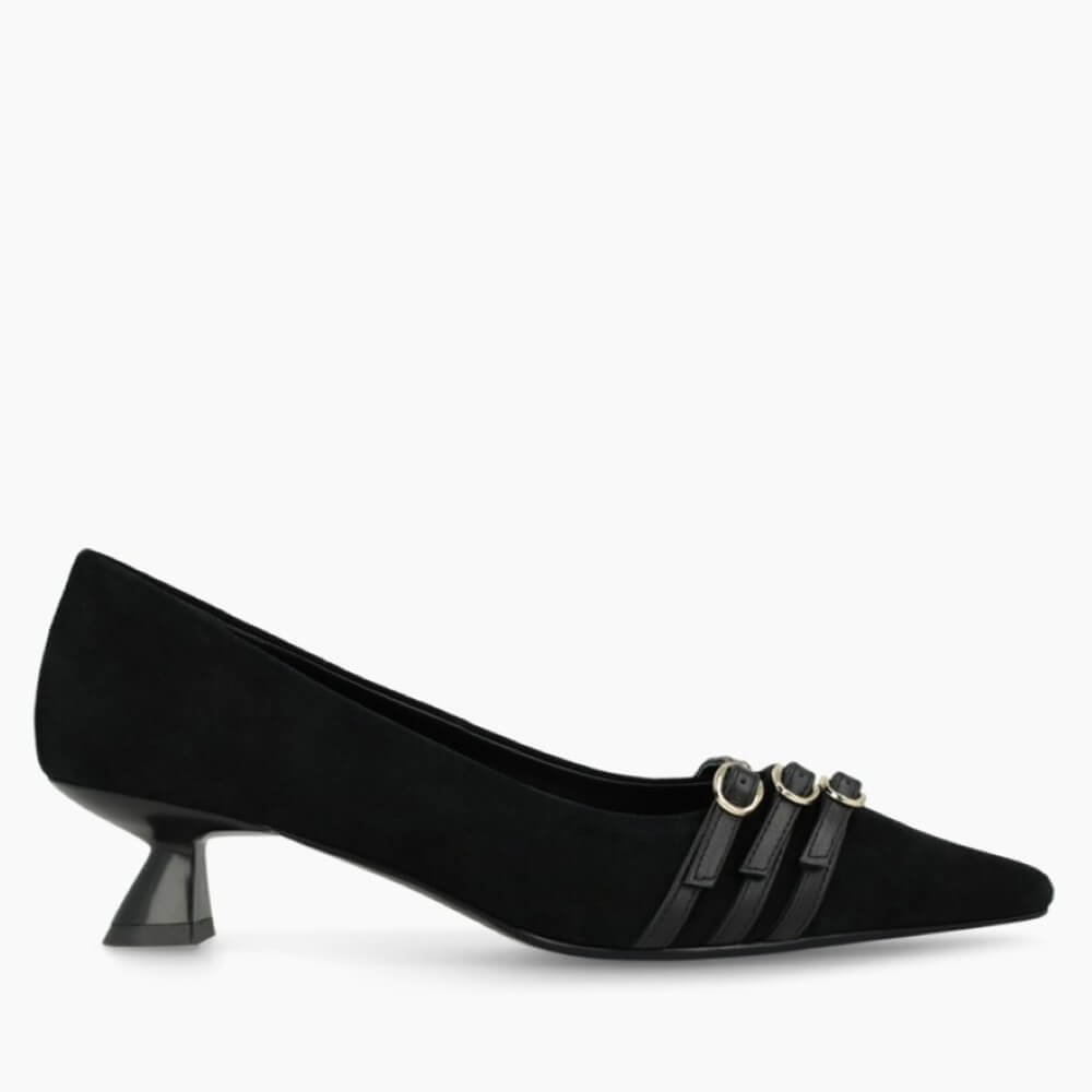 Black high-heeled shoe with decorative straps on a white background Lodi A-ROMA Black Suede Court Shoes