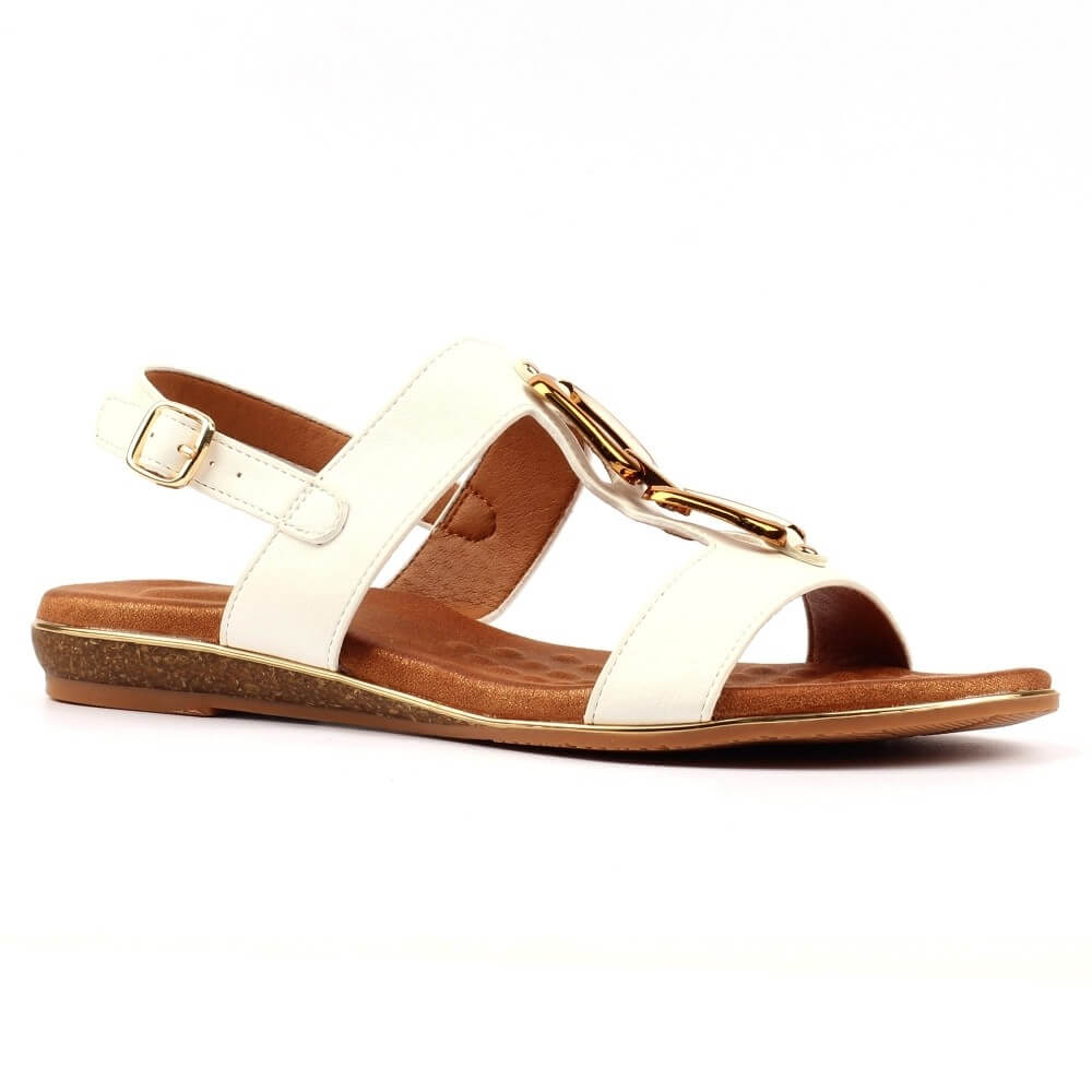 Lunar White sandal with gold buckle on a white background
