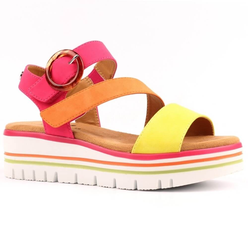 Lunar Colourful sandal with pink, orange, and yellow straps on a white background