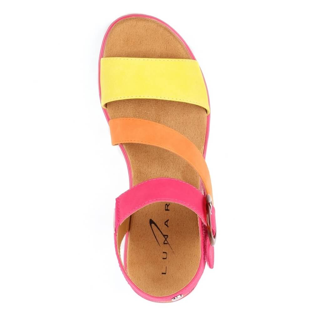 Lunar Colourful sandal with pink, orange, and yellow straps on a white background