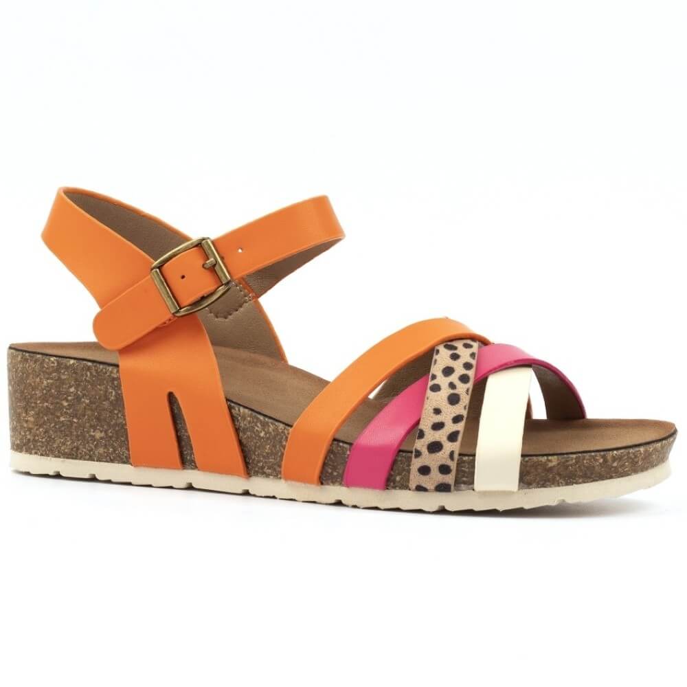Lunar Orange sandal with pink and white accents on a white background