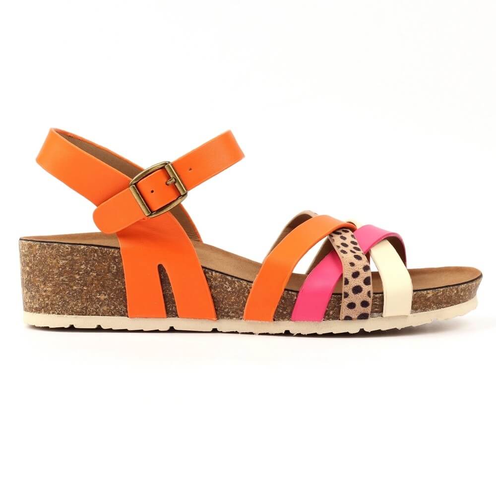 Lunar Orange sandal with pink and white accents on a white background