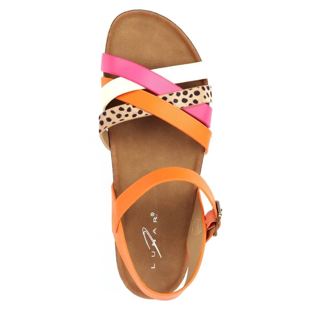 Lunar Orange sandal with pink and white accents on a white background