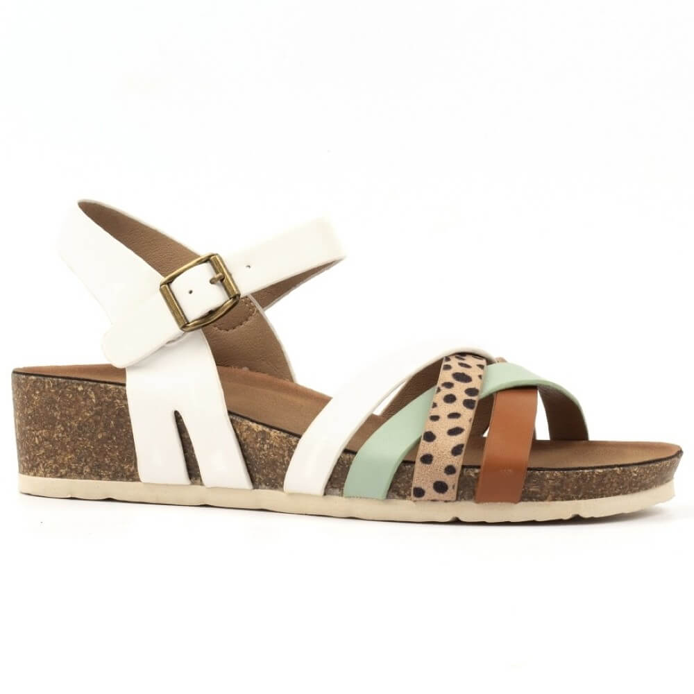 Lunar Multi-coloured sandal with a cork wedge sole on a white background