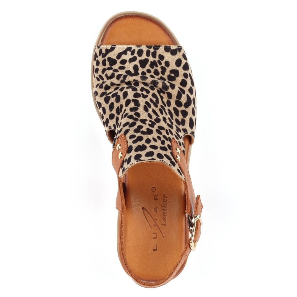 Lunar Leopard print sandal with brown straps on a white background