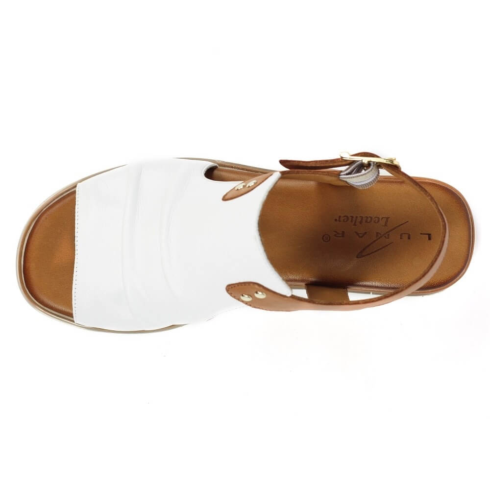 Lunar White sandal with brown straps and sole on a white background