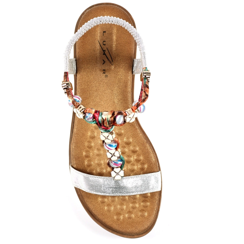  Lunar Silver sandal with colourful beaded strap on a white background
