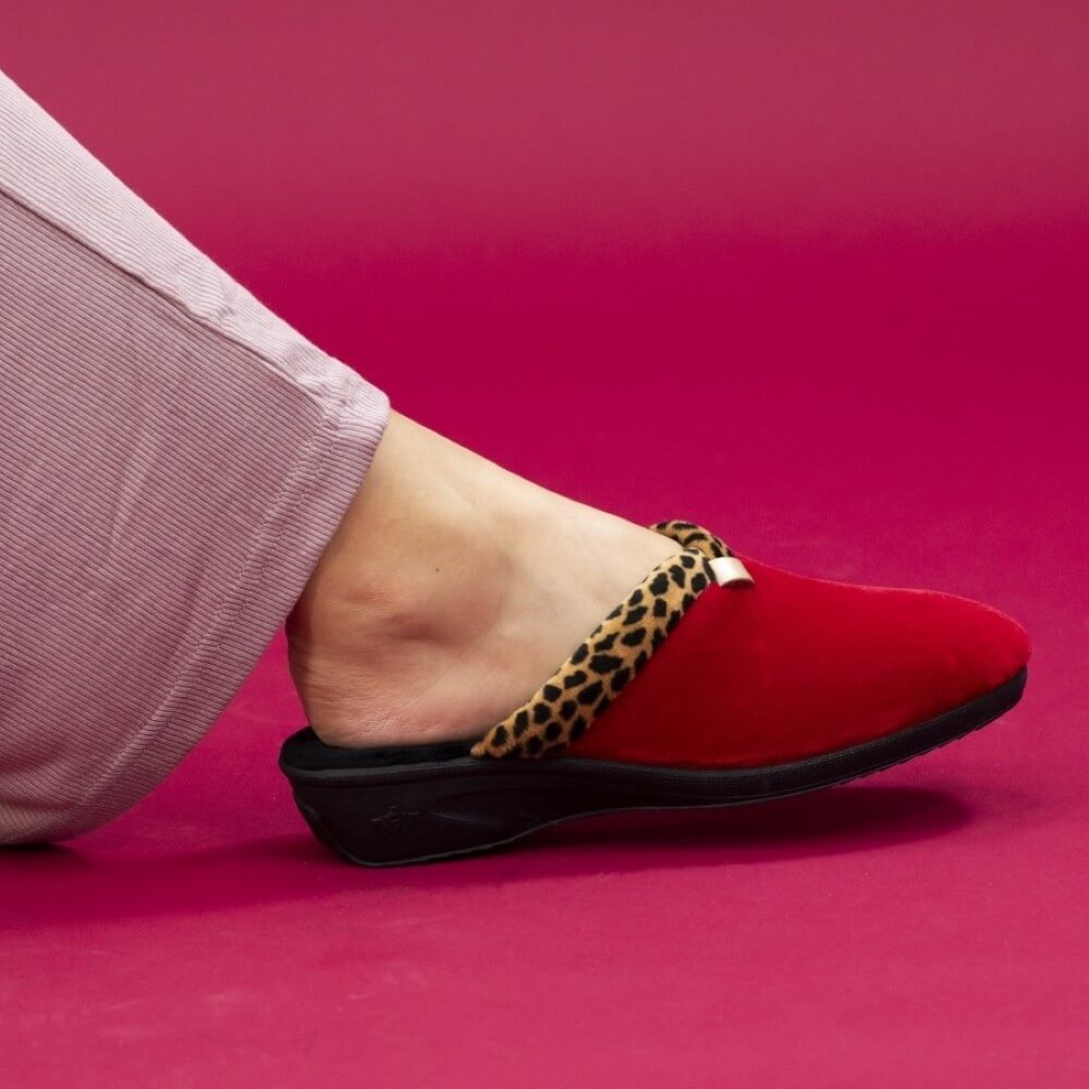 Red Mule Slipper with animal print trim