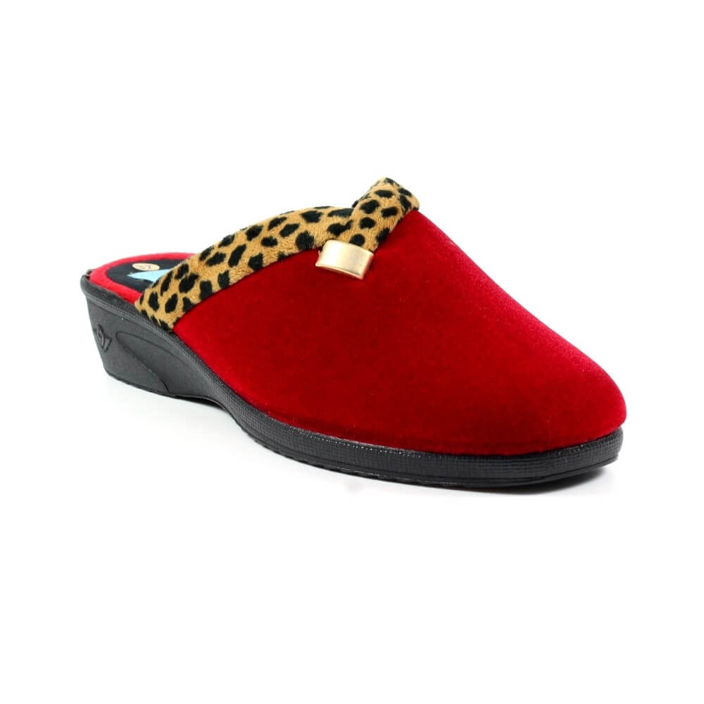 Red Mule Slipper with animal print trim
