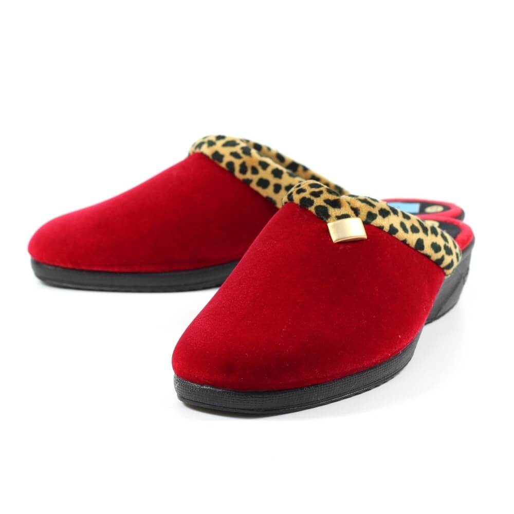 Red Mule Slipper with animal print trim