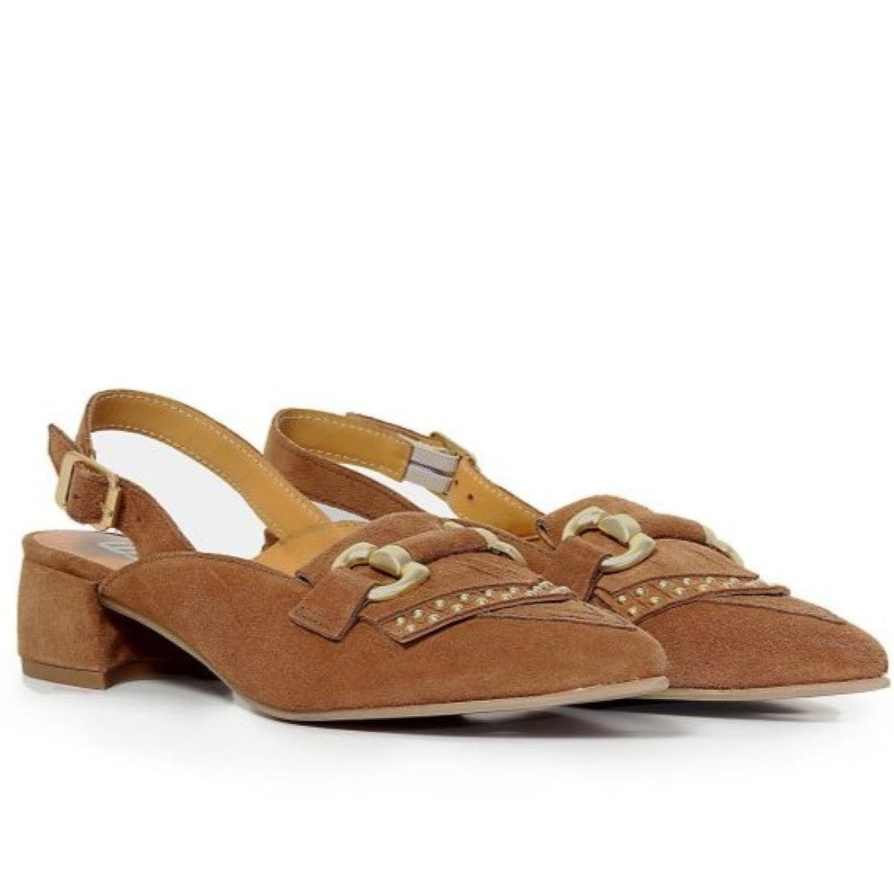 Pair of MJUS brown suede shoes with decorative straps on a white background