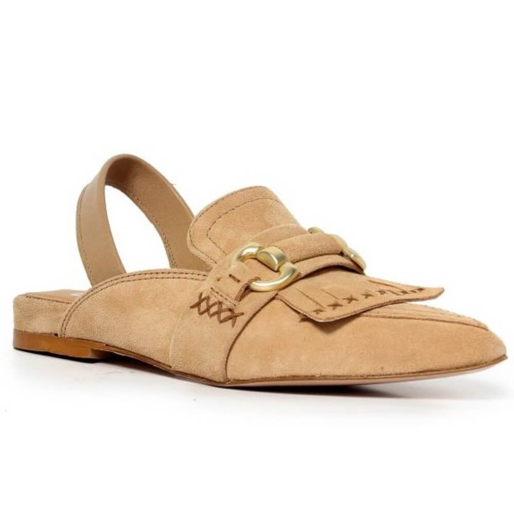 MJUS Tan suede shoes with gold buckle and tassel on a white background