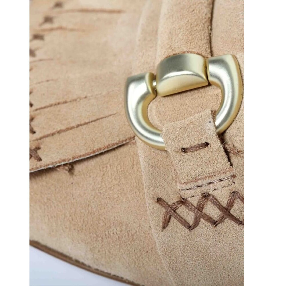 MJUS Tan suede shoes with gold buckle and tassel on a white background