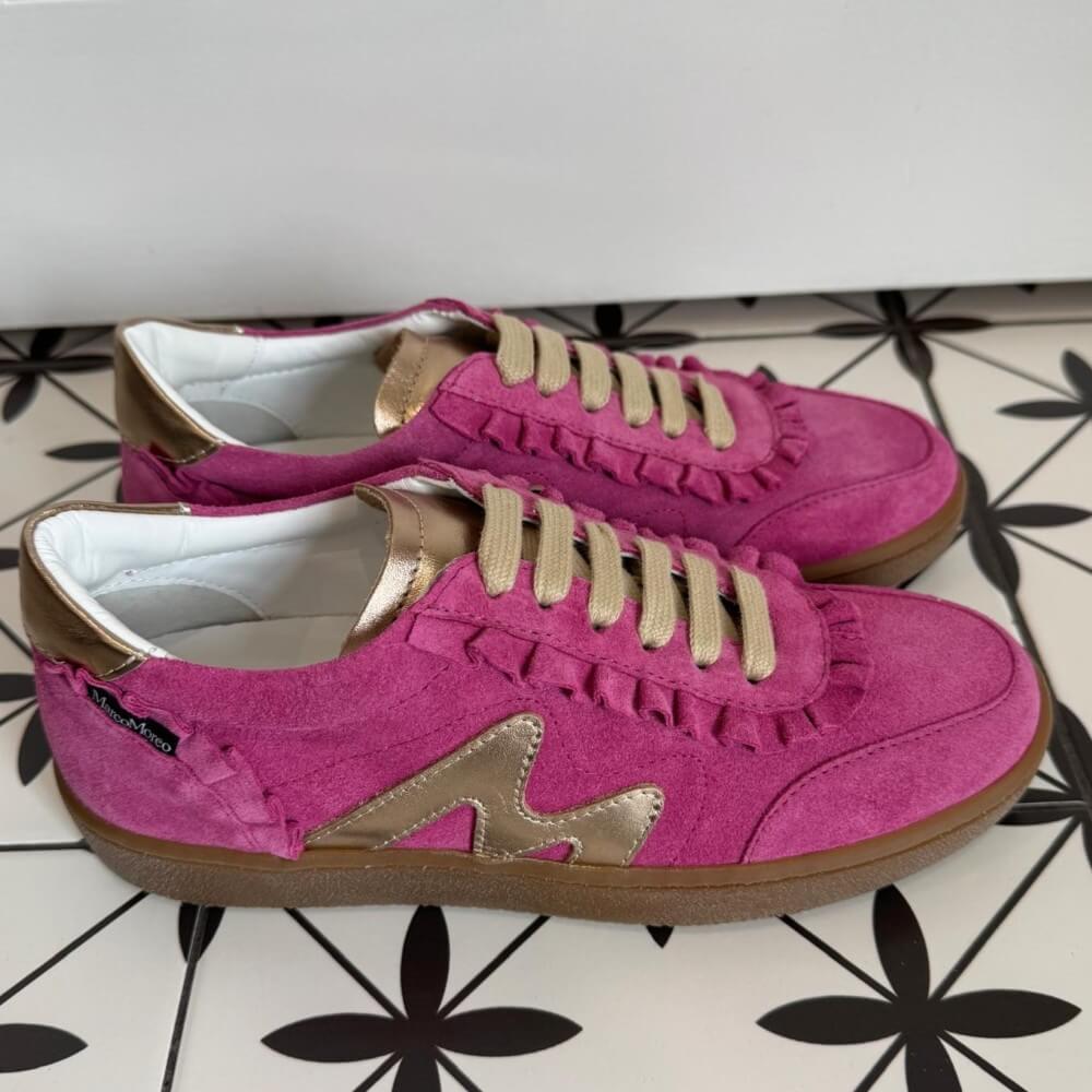 Marco Moreo Berlino Pink suede trainer with gum sole.