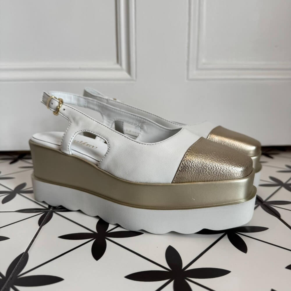 Marco Moreo White and Gold Platform Slingbacks Beth Vienna X722  on a black and white patterned floor