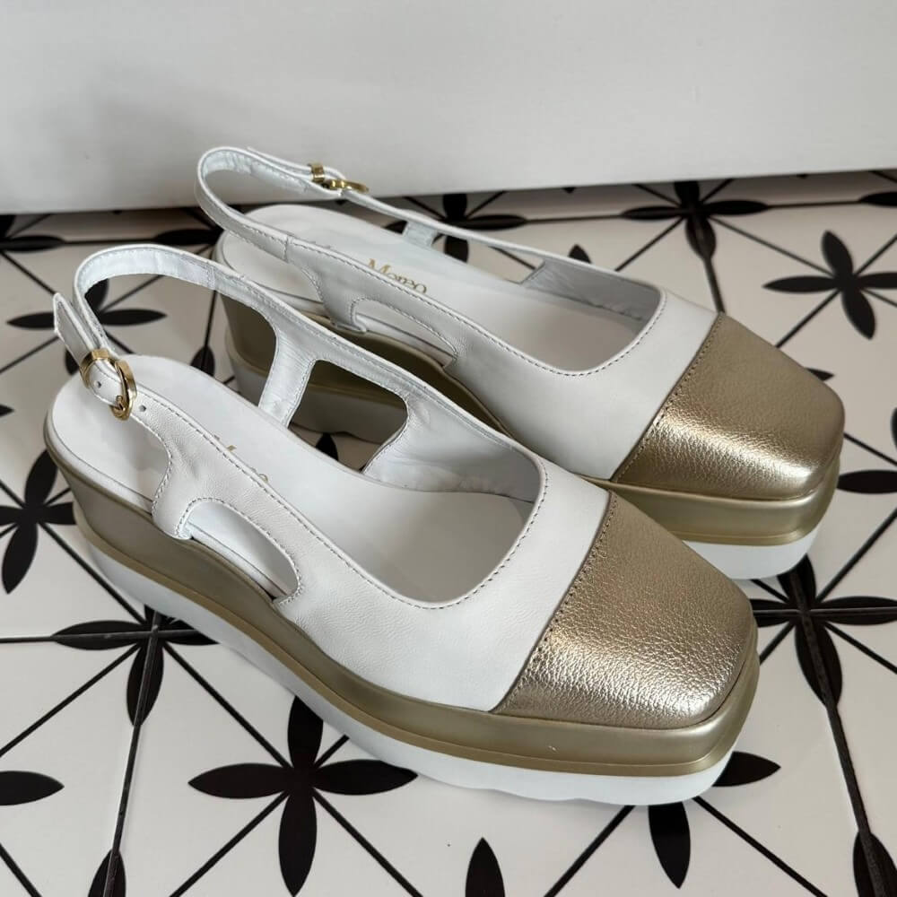 Marco Moreo White and Gold Platform Slingbacks Beth Vienna X722  on a black and white patterned floor