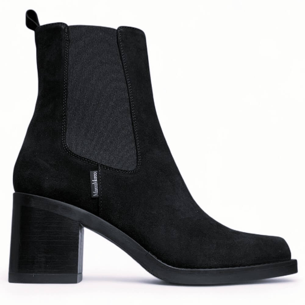 Black suede leather ankle boot with block heel on a white background marco moreo a102